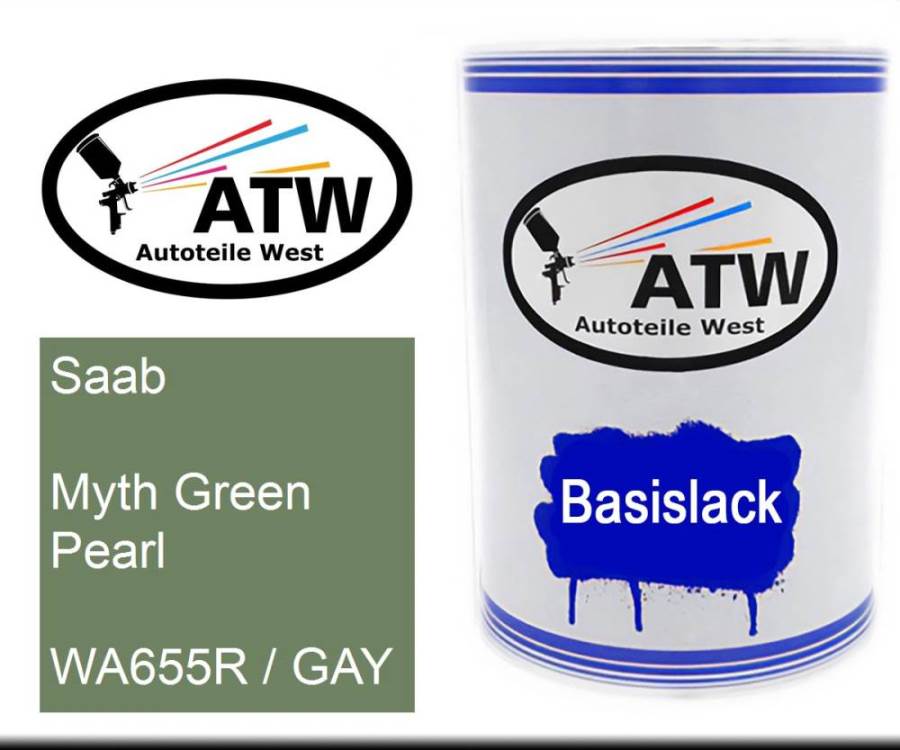 Saab, Myth Green Pearl, WA655R / GAY: 500ml Lackdose, von ATW Autoteile West.